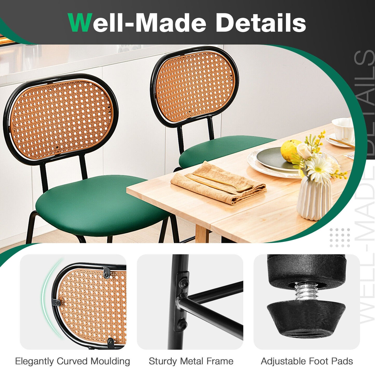 Set of 2 Modern 29.5 Inch Bar Stools with Faux Leather Seats and Woven Rattan-Style Backrests in Green