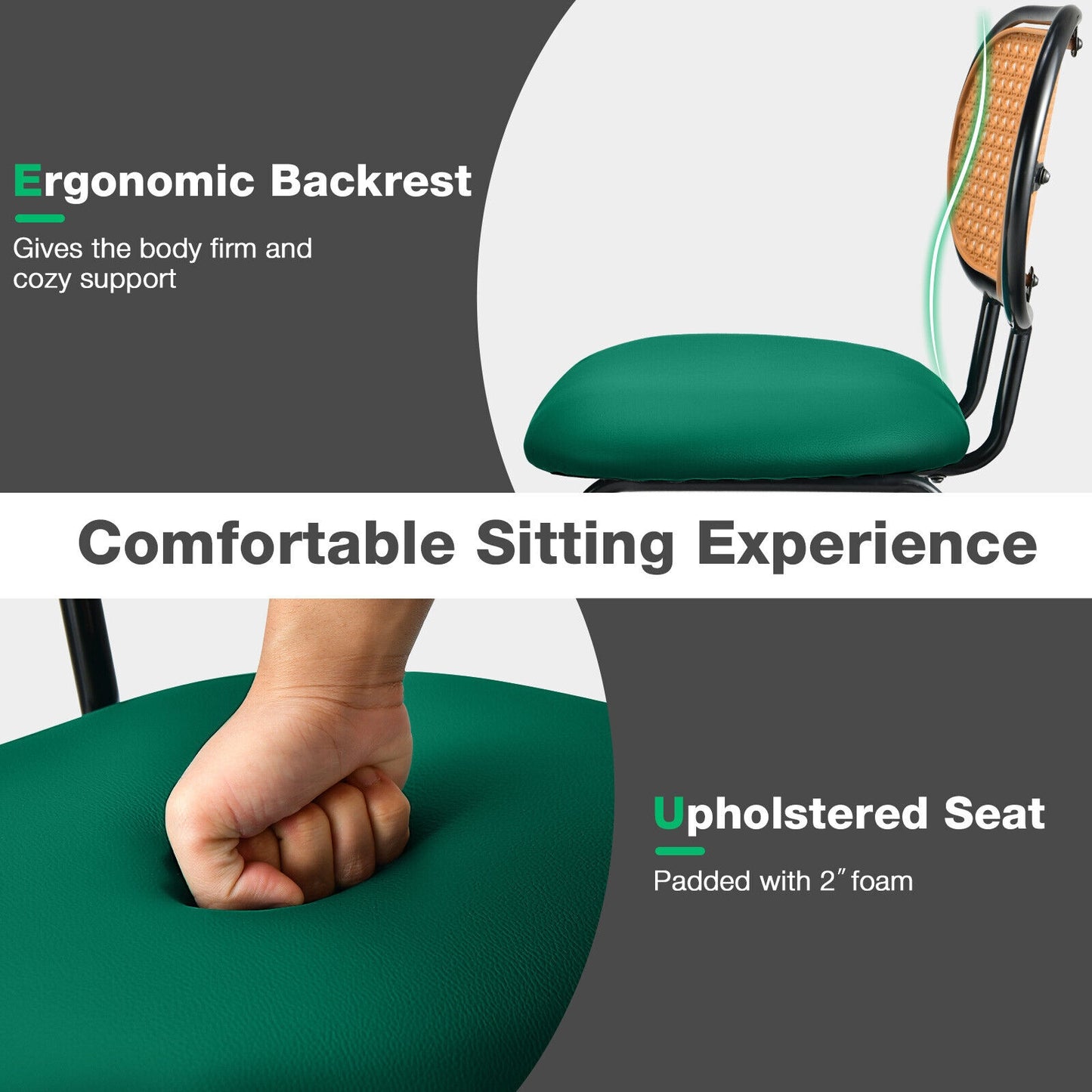 Set of 2 Modern 29.5 Inch Bar Stools with Faux Leather Seats and Woven Rattan-Style Backrests in Green