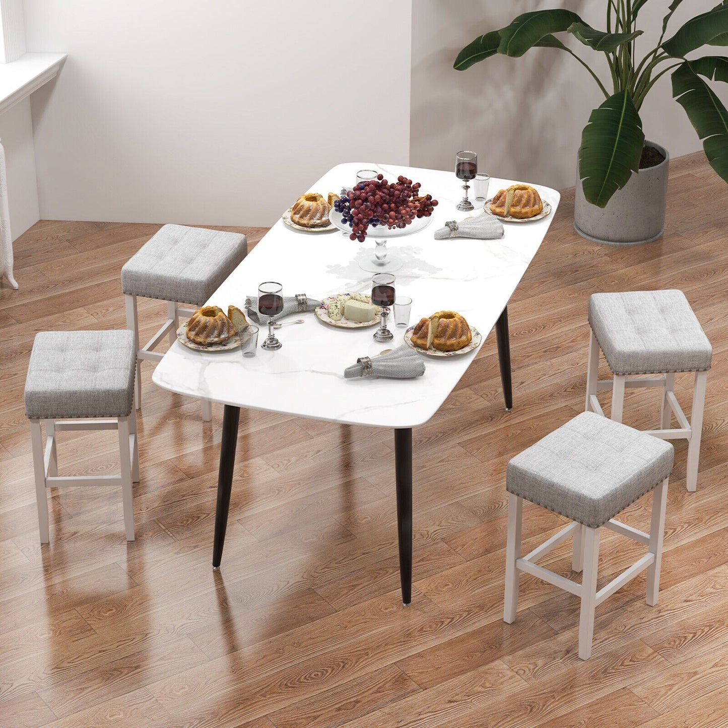 Set of 2 Counter Height Bar Stools with Tufted Cushions and Linen Upholstery 24.5 Inch