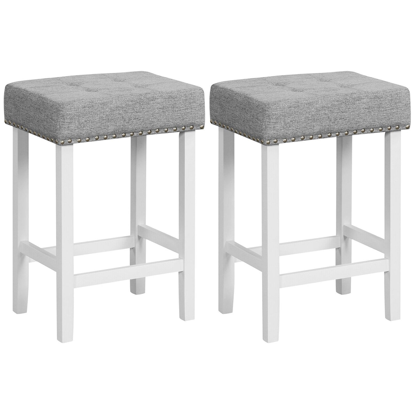 Set of 2 Counter Height Bar Stools with Tufted Cushions and Linen Upholstery 24.5 Inch