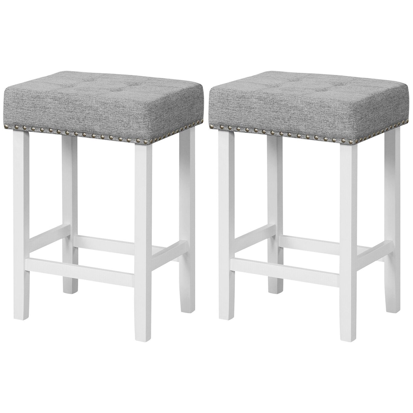 Set of 2 Counter Height Bar Stools with Tufted Cushions and Linen Upholstery 24.5 Inch