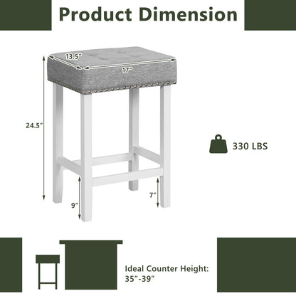 Set of 2 Counter Height Bar Stools with Tufted Cushions and Linen Upholstery 24.5 Inch