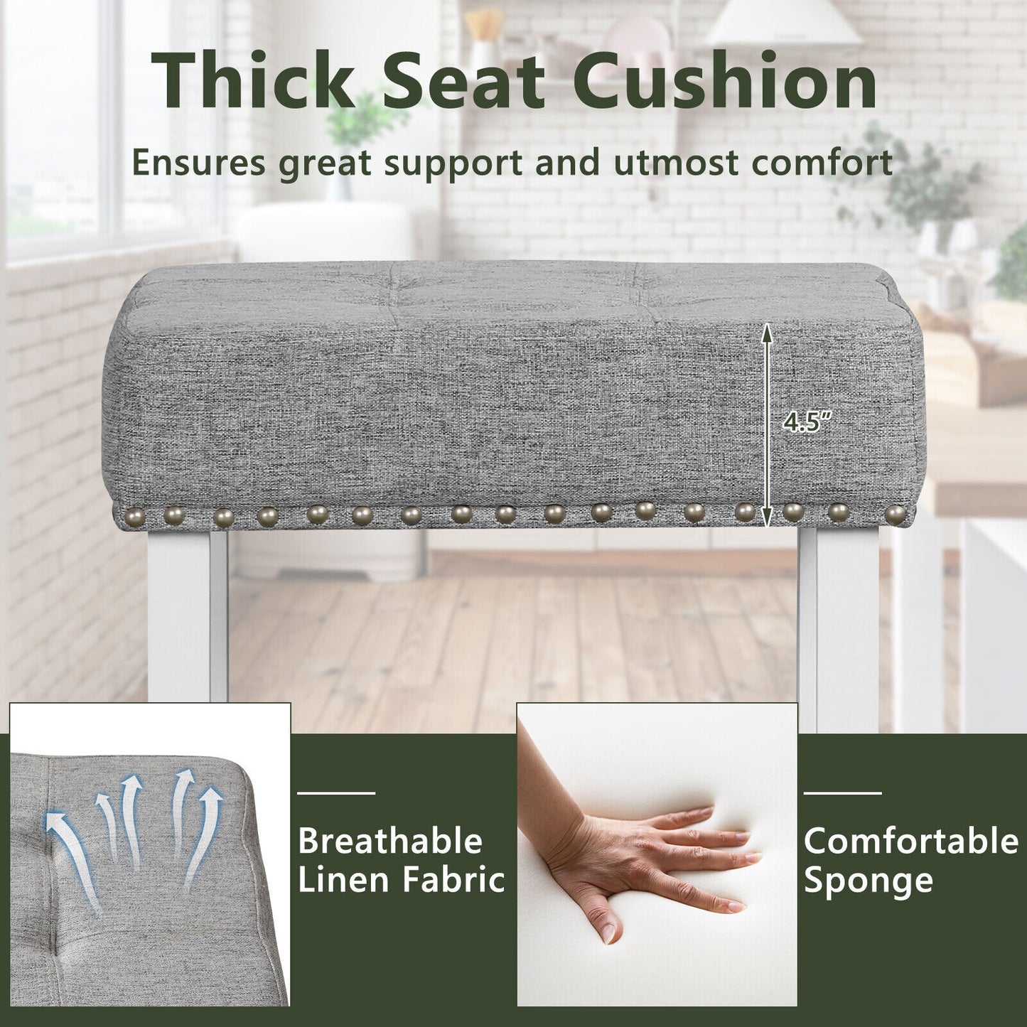 Set of 2 Counter Height Bar Stools with Tufted Cushions and Linen Upholstery 24.5 Inch
