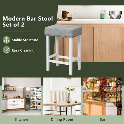 Set of 2 Counter Height Bar Stools with Tufted Cushions and Linen Upholstery 24.5 Inch