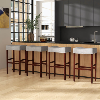Set of 2 Upholstered 29 Inch Bar Stools with Grey Linen Seats and Solid Rubber Wood Legs