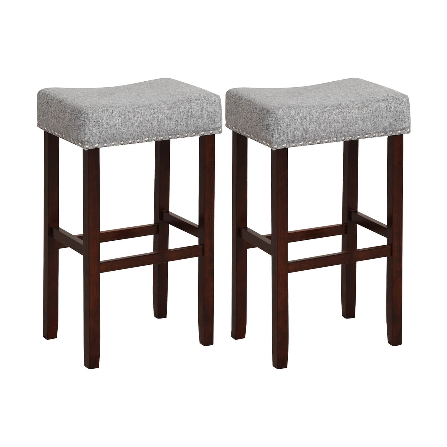 Set of 2 Upholstered 29 Inch Bar Stools with Grey Linen Seats and Solid Rubber Wood Legs
