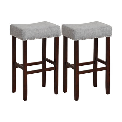 Set of 2 Upholstered 29 Inch Bar Stools with Grey Linen Seats and Solid Rubber Wood Legs