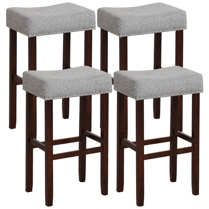 Set of 2 Upholstered 29 Inch Bar Stools with Grey Linen Seats and Solid Rubber Wood Legs