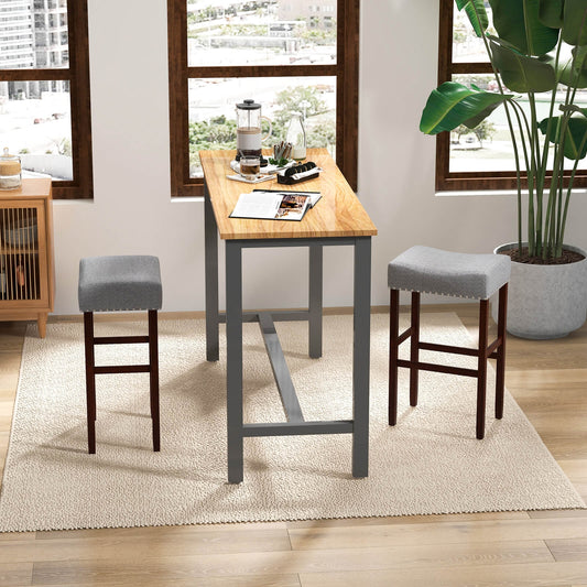 Set of 2 Upholstered 29 Inch Bar Stools with Grey Linen Seats and Solid Rubber Wood Legs