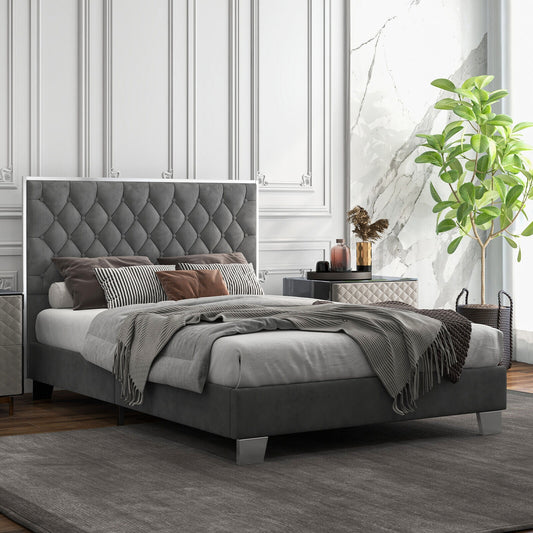 Luxurious Velvet Upholstered Platform Bed Frame with Button-Tufted Headboard – Full & Queen Size