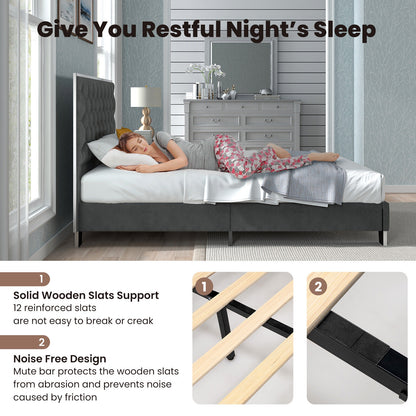Luxurious Velvet Upholstered Platform Bed Frame with Button-Tufted Headboard – Full & Queen Size