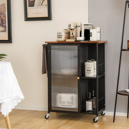 Rolling Kitchen Cart with Transparent Cabinet Door and Storage Shelves