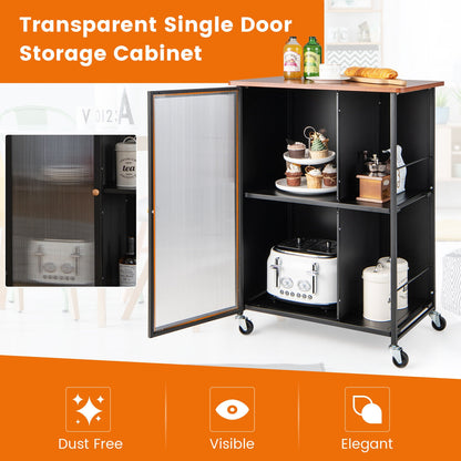 Rolling Kitchen Cart with Transparent Cabinet Door and Storage Shelves