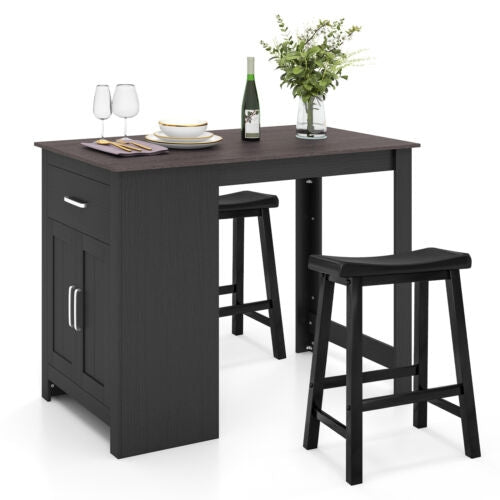 Modern 3 Piece Bar Height Dining Set with Storage Table and 2 Saddle Stools - Black