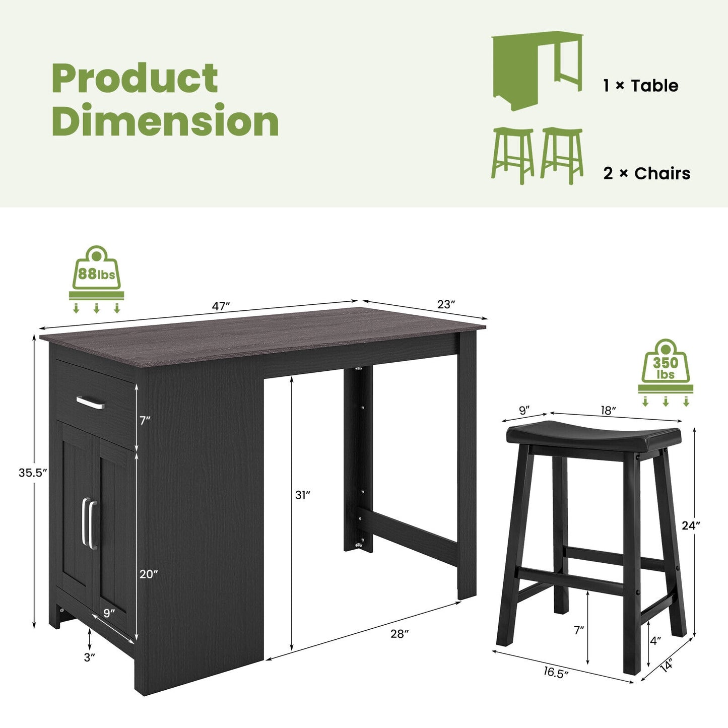 Modern 3 Piece Bar Height Dining Set with Storage Table and 2 Saddle Stools - Black