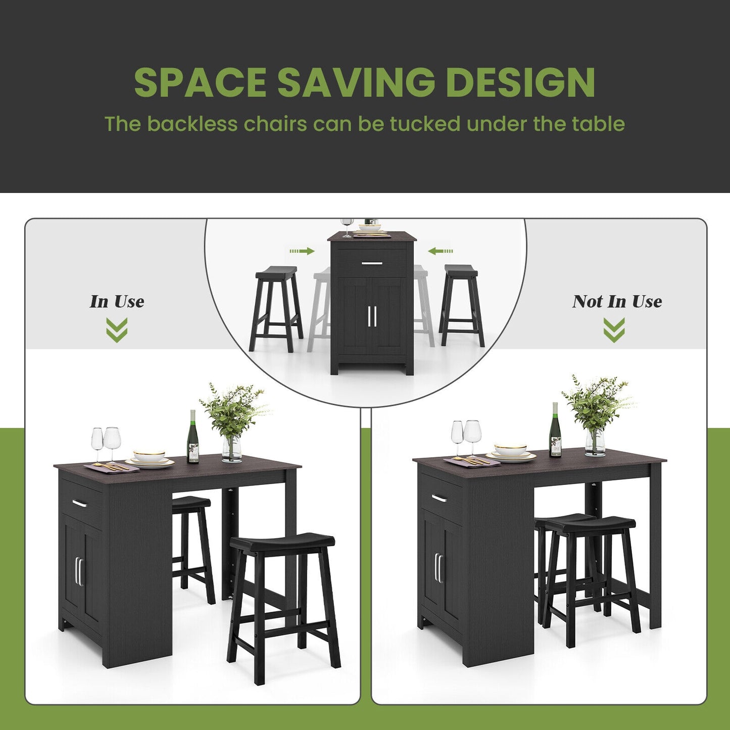 Modern 3 Piece Bar Height Dining Set with Storage Table and 2 Saddle Stools - Black