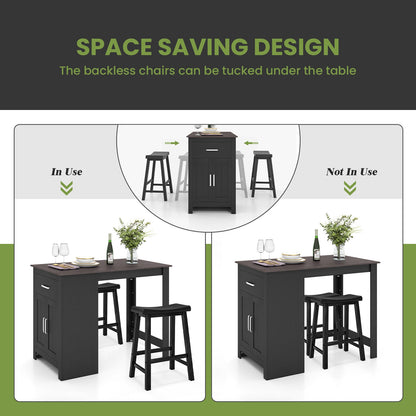Modern 3 Piece Bar Height Dining Set with Storage Table and 2 Saddle Stools - Black
