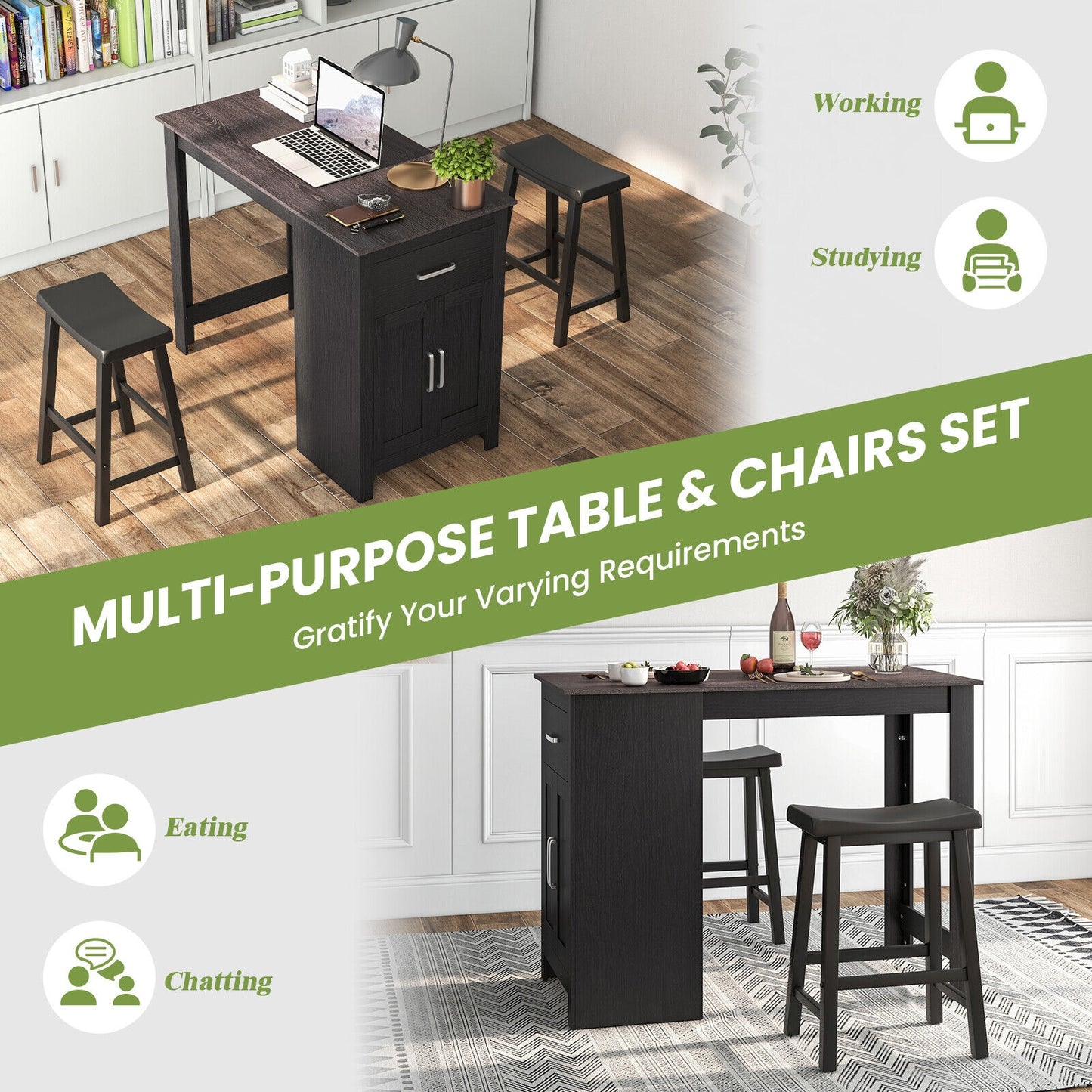 Modern 3 Piece Bar Height Dining Set with Storage Table and 2 Saddle Stools - Black