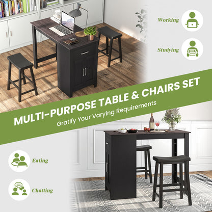 Modern 3 Piece Bar Height Dining Set with Storage Table and 2 Saddle Stools - Black