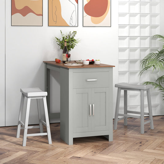 Modern 3 Piece Bar Height Dining Set with Storage Table and 2 Saddle Stools - Grey
