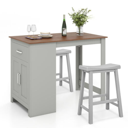 Modern 3 Piece Bar Height Dining Set with Storage Table and 2 Saddle Stools - Grey