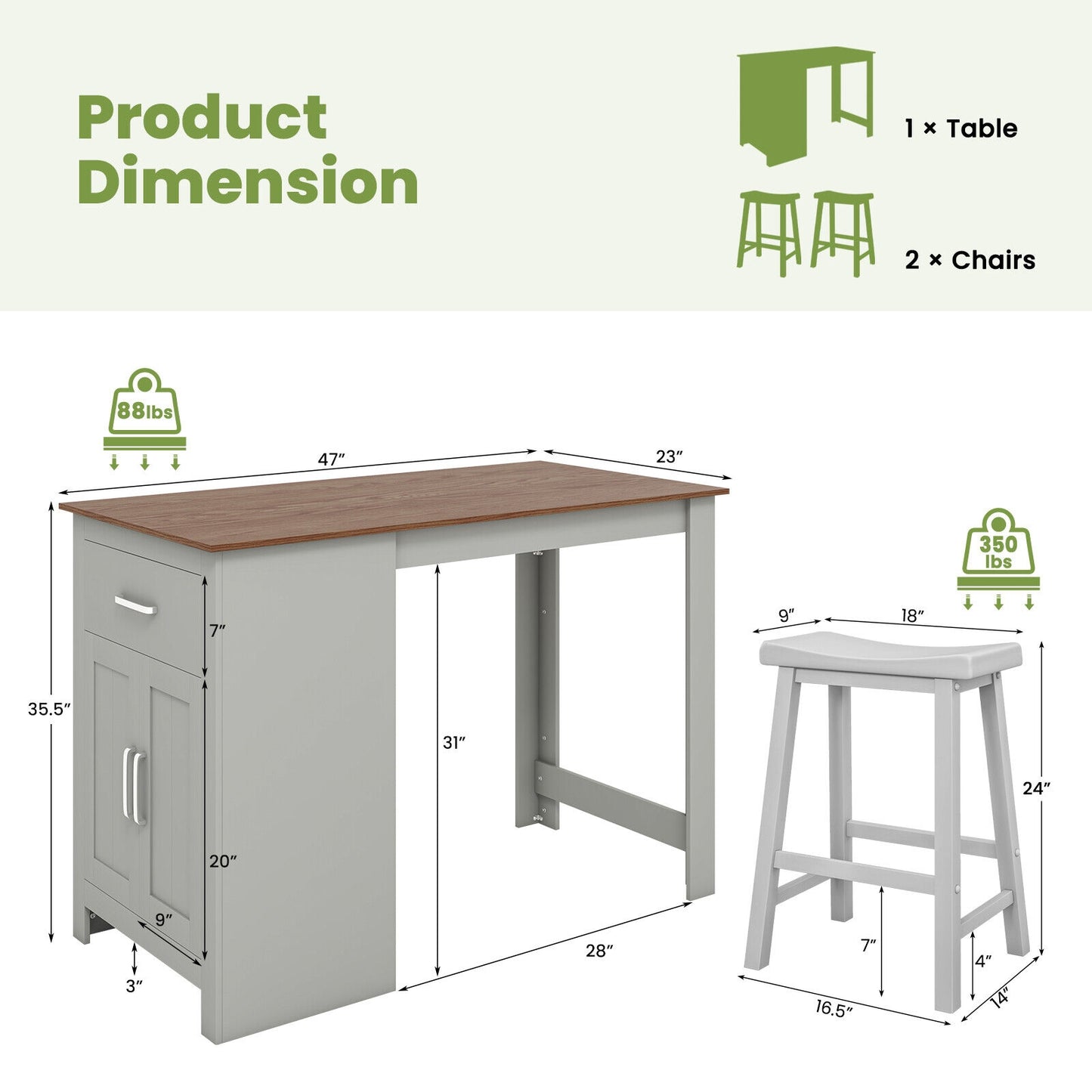 Modern 3 Piece Bar Height Dining Set with Storage Table and 2 Saddle Stools - Grey