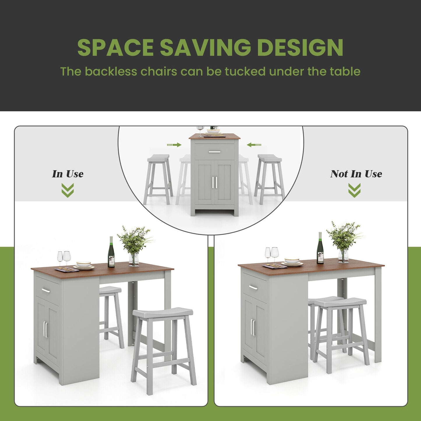 Modern 3 Piece Bar Height Dining Set with Storage Table and 2 Saddle Stools - Grey