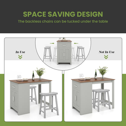 Modern 3 Piece Bar Height Dining Set with Storage Table and 2 Saddle Stools - Grey
