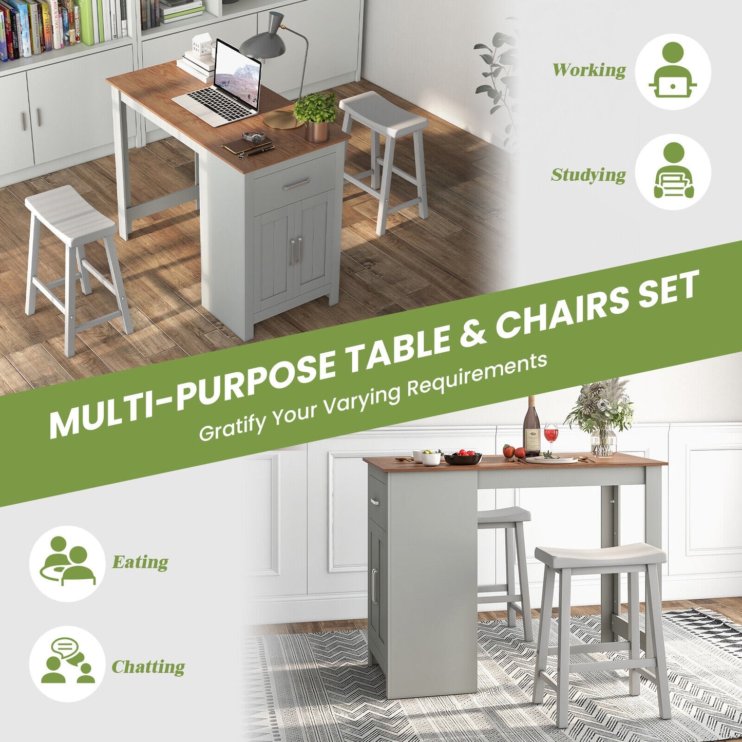 Modern 3 Piece Bar Height Dining Set with Storage Table and 2 Saddle Stools - Grey