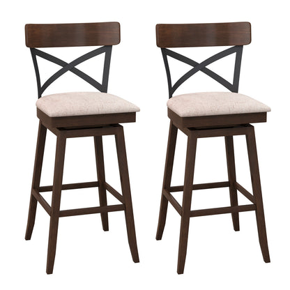Set of 2 Swivel Bar Stools with Cushioned Seats and Wooden X Backrest at 30 Inch Counter Height