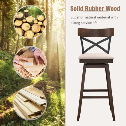 Set of 2 Swivel Bar Stools with Cushioned Seats and Wooden X Backrest at 30 Inch Counter Height