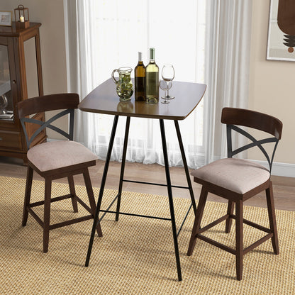 Set of 2 Swivel Bar Stools with Cushioned Seats and Wooden X Backrest at 25 Inch Counter Height