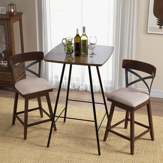 Set of 2 Swivel Bar Stools with Cushioned Seats and Wooden X Backrest at 25 Inch Counter Height