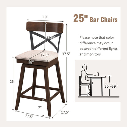 Set of 2 Swivel Bar Stools with Cushioned Seats and Wooden X Backrest at 25 Inch Counter Height