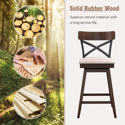 Set of 2 Swivel Bar Stools with Cushioned Seats and Wooden X Backrest at 25 Inch Counter Height