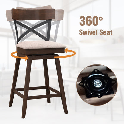 Set of 2 Swivel Bar Stools with Cushioned Seats and Wooden X Backrest at 25 Inch Counter Height