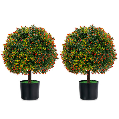 Set of 2 Artificial Boxwood Topiary Ball Trees with Lifelike Greenery & Orange Fruits