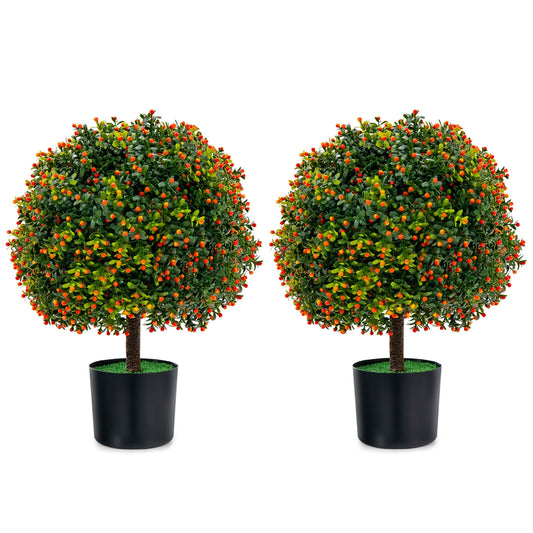 Set of 2 Artificial Boxwood Topiary Ball Trees with Lifelike Greenery & Orange Fruits