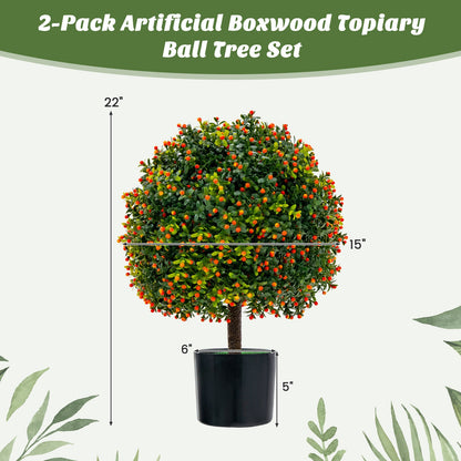Set of 2 Artificial Boxwood Topiary Ball Trees with Lifelike Greenery & Orange Fruits