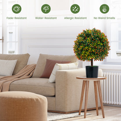 Set of 2 Artificial Boxwood Topiary Ball Trees with Lifelike Greenery & Orange Fruits