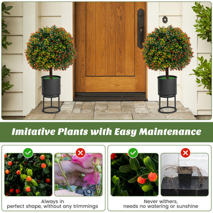 Set of 2 Artificial Boxwood Topiary Ball Trees with Lifelike Greenery & Orange Fruits