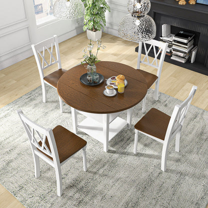Modern 5 Piece Round Dining Set with Drop Leaf Table and Storage Shelves