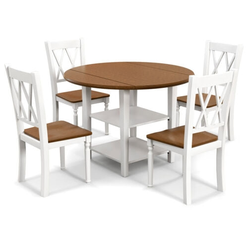 Modern 5 Piece Round Dining Set with Drop Leaf Table and Storage Shelves