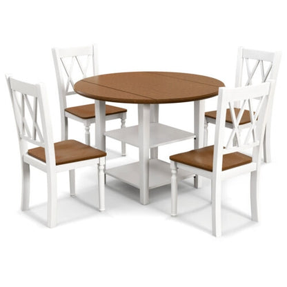 Modern 5 Piece Round Dining Set with Drop Leaf Table and Storage Shelves