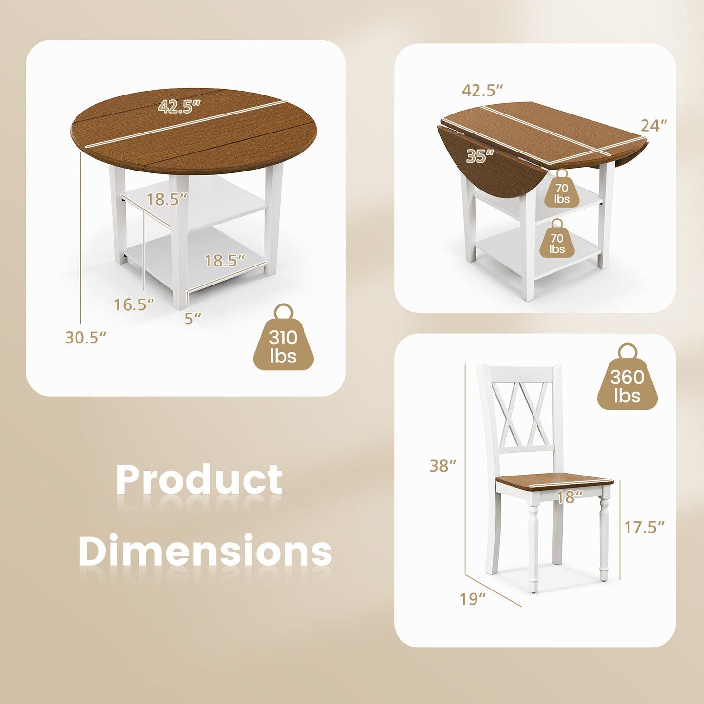 Modern 5 Piece Round Dining Set with Drop Leaf Table and Storage Shelves