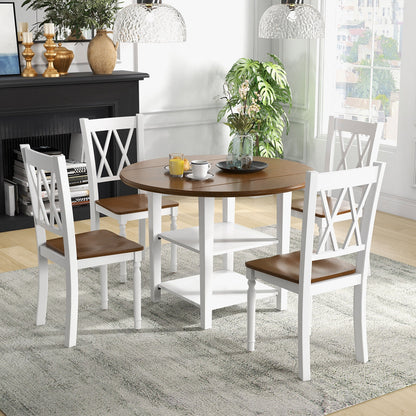 Modern 5 Piece Round Dining Set with Drop Leaf Table and Storage Shelves