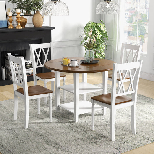 Modern 5 Piece Round Dining Set with Drop Leaf Table and Storage Shelves