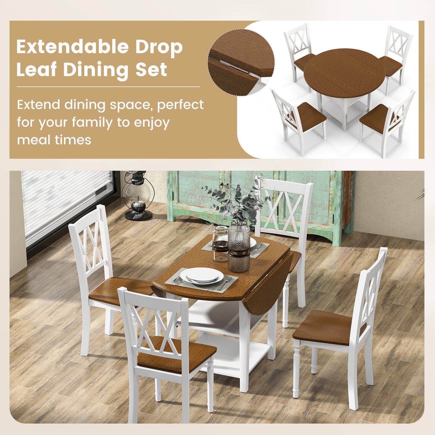 Modern 5 Piece Round Dining Set with Drop Leaf Table and Storage Shelves