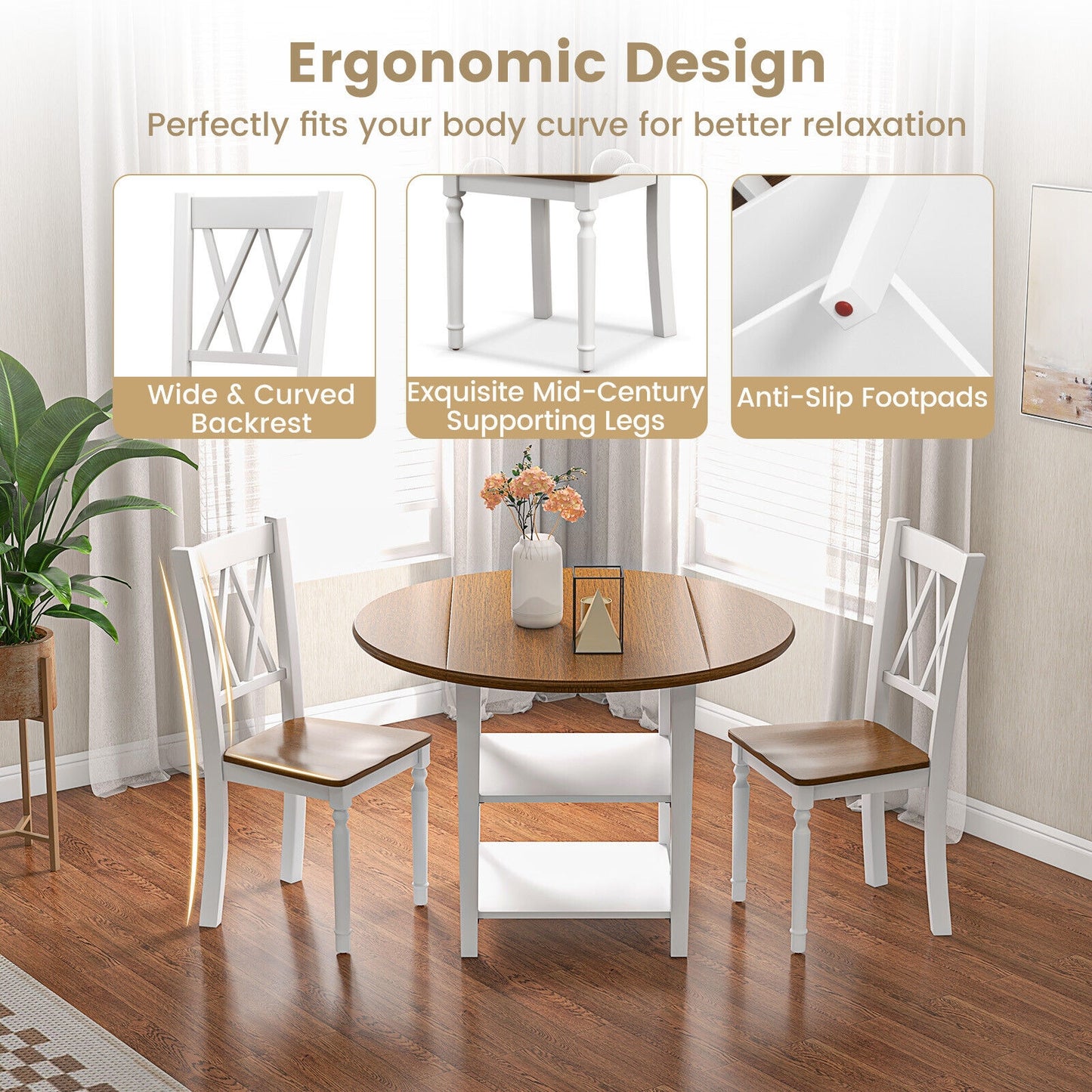 Modern 5 Piece Round Dining Set with Drop Leaf Table and Storage Shelves