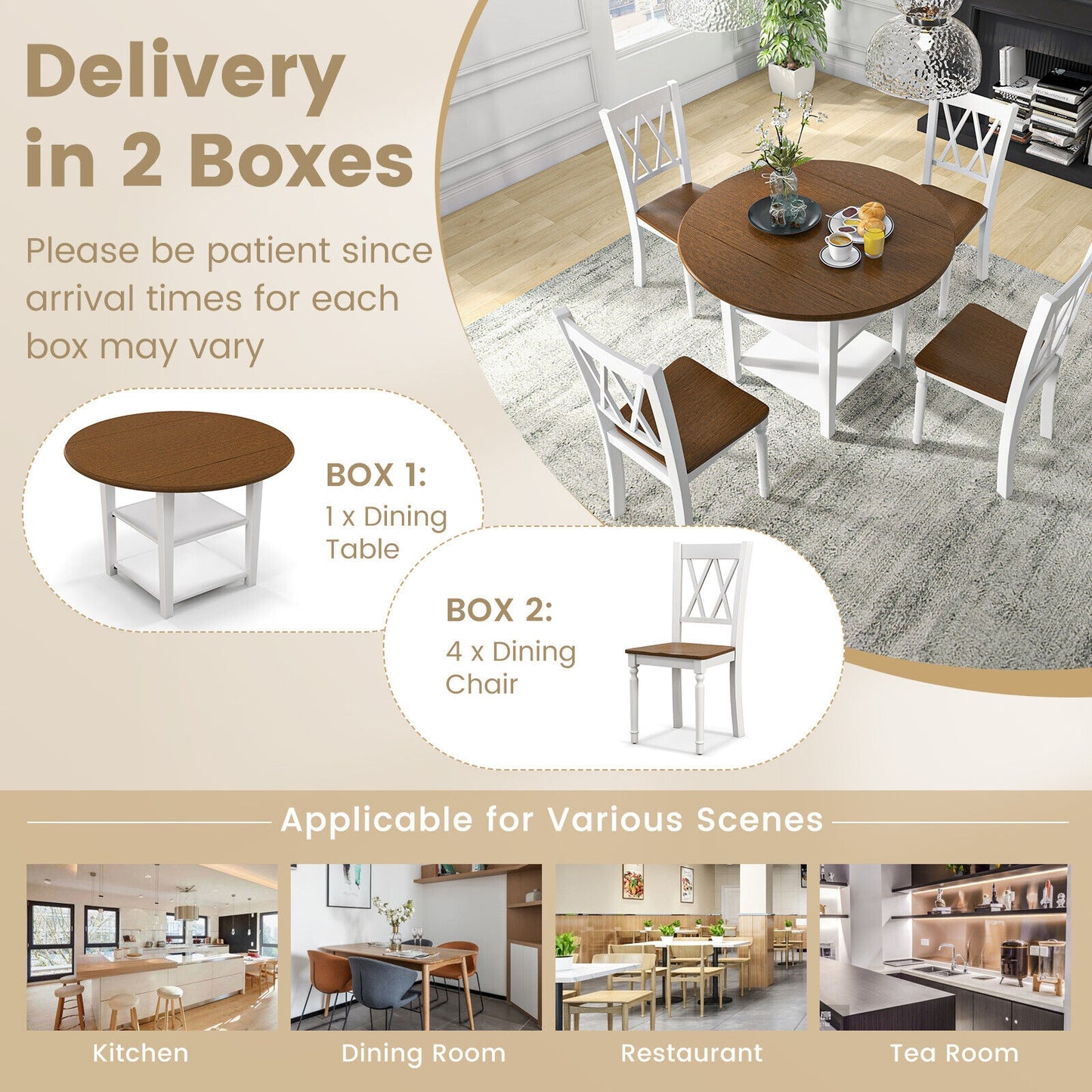 Modern 5 Piece Round Dining Set with Drop Leaf Table and Storage Shelves
